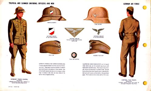 ONI JAN 1 Uniforms and Insignia Page 028 German Air Force Luftwaffe WW2 Tropical and summer uniforms. Officers, men. Pith and steel helmets, field caps, national emblem, Flak troops, linen boots, etc Aug. 1943 Field recognition. No copy