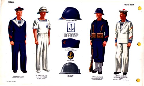 ONI JAN 1 Uniforms and Insignia Page 091 French Navy WW2 Seamen July 1943 Field recognition. US public doc. No known copyright. Free illustration for personal and commercial use.