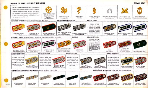 ONI JAN 1 Uniforms and Insignia Page 013 German Army Wehrmacht WW2 Insignia of rank. Specialist personnel. Shoulder straps with devices and emblems, etc. June 1943 Field recognition. US public doc. No known copyright. Free illustration for personal and commercial use.