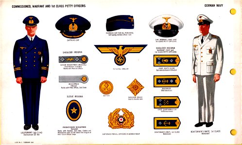 ONI JAN 1 Uniforms and Insignia Page 021 German Navy Kriegsmarine WW2 Commissioned, warrant and 1st class petty officers. Caps, national emblem, cap device, shoulder insignia, blue and white uniform, etc. Feb. 1943 Field recognition No
