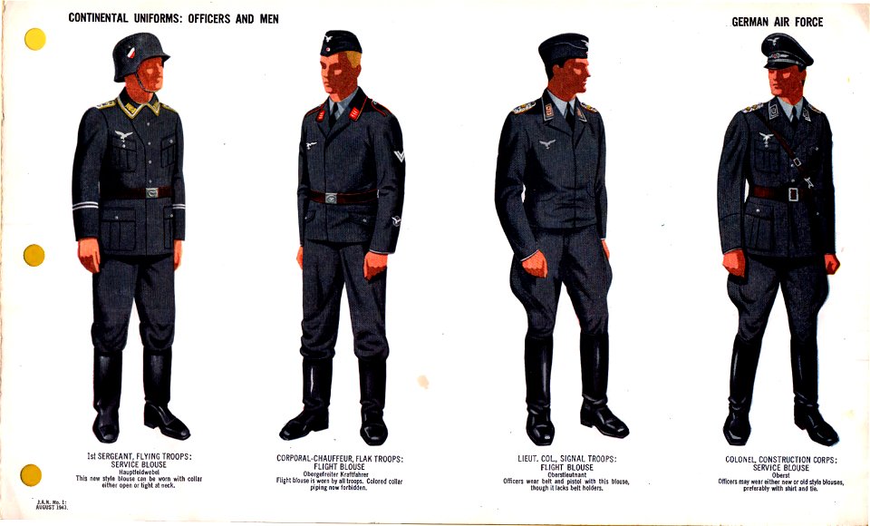 ONI JAN 1 Uniforms and Insignia Page 027 German Air Force Luftwaffe WW2 Continental uniforms Officers and men. Flying, Flak, and signal troops, and construction corps, etc. August 1943 Field recognition. US public doc. No copyright