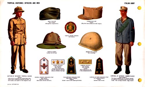 ONI JAN 1 Uniforms and Insignia Page 061 Italian Army WW2 Tropical uniforms Officers and men Tropical blouse field caps, pith and steel helmet shoulder straps cap insignia summer blouse Sept 1943 field recognition No copyright. Free illustration for personal and commercial use.