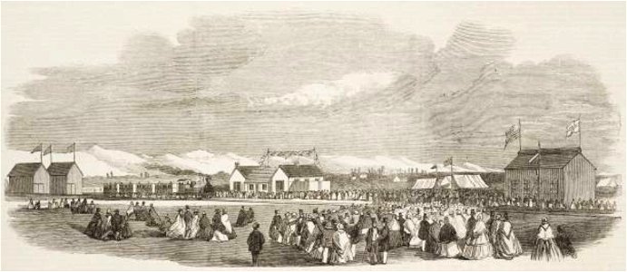 Opening of the First Railway in New Zealand, at Christchurch, Canterbury Province - ILN 1864. Free illustration for personal and commercial use.