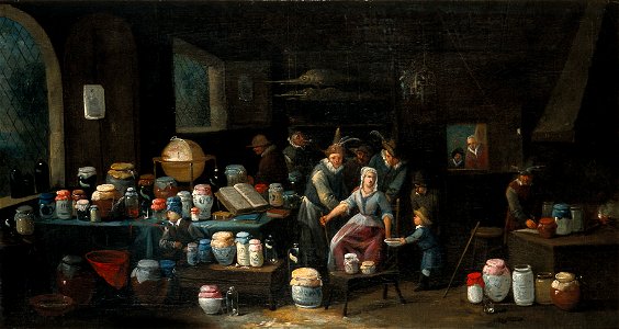 Operators letting blood from the arm of a woman in a room cr Wellcome V0017309