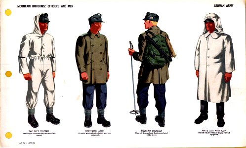 ONI JAN 1 Uniforms and Insignia Page 009 German Army WW2 Mountain uniforms. Officers and men. Gebirgsjäger. Snow camouflage cowerall, calico wind jacket, rucksack, white hooded coat. June 1943 Field recognition. US public doc. No copy