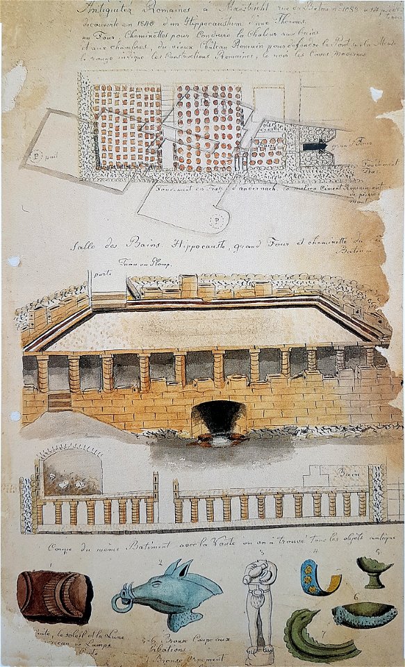 Opgravingen thermen Stokstraat, Maastricht (Ph v Gulpen, naar Leemans, ca 1860)