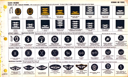 ONI JAN 1 Uniforms and Insignia Page 039 German Air Force Luftwaffe WW2 Rank sleeve insignia on motor vehicle coats and fatigues, specialty badges, etc. November 1943 Field recognition. US public doc. No known copyright. Free illustration for personal and commercial use.