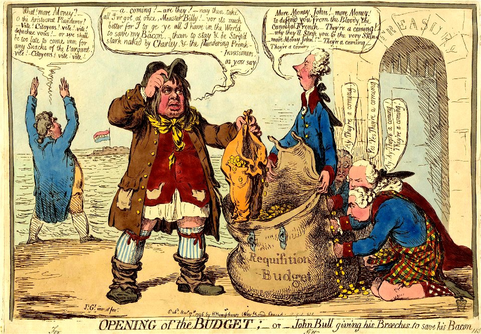 Opening of the Budget;-or- John Bull giving his Breeches to save his Bacon. (BM 1851,0901.831)