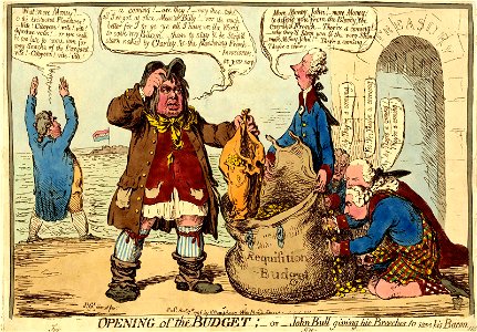 Opening of the Budget;-or- John Bull giving his Breeches to save his Bacon. (BM 1851,0901.831). Free illustration for personal and commercial use.
