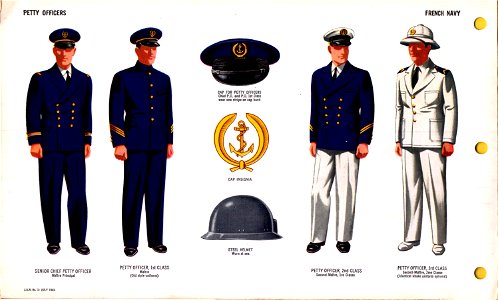 ONI JAN 1 Uniforms and Insignia Page 089 French Navy WW2 Petty officers July 1943 Field recognition. US public doc. No known copyright. Free illustration for personal and commercial use.