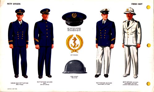 ONI JAN 1 Uniforms and Insignia Page 089 French Navy WW2 Petty officers July 1943 Field recognition. US public doc. No known copyright