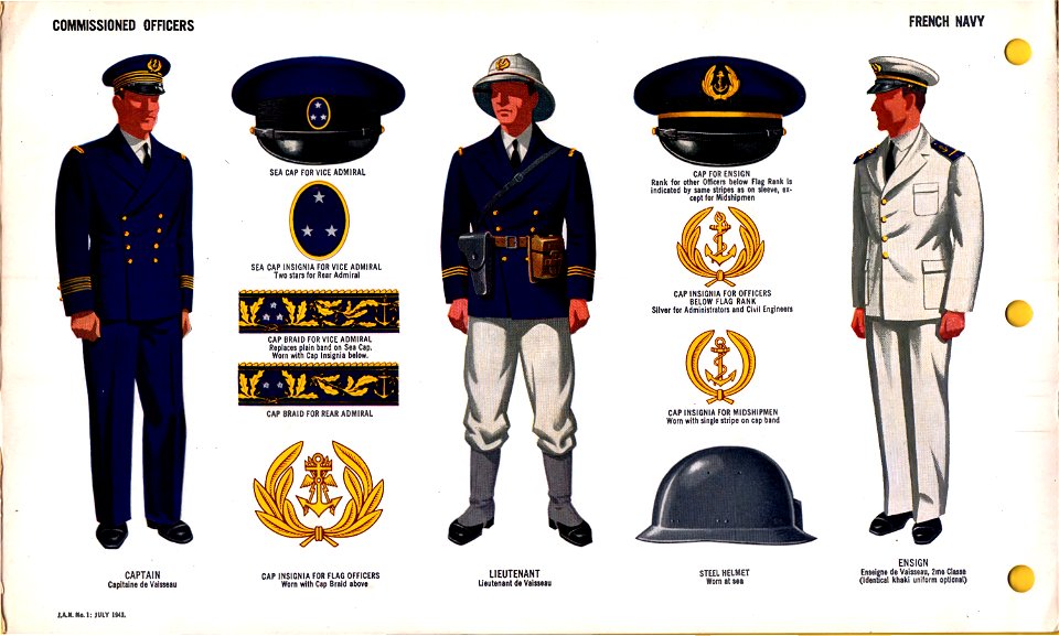 ONI JAN 1 Uniforms and Insignia Page 093 French Navy WW2 Commissioned officers July 1943 Field recognition. US public doc. No known copyright
