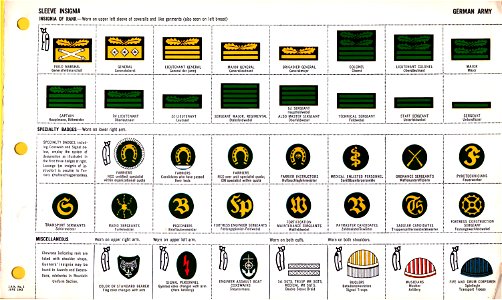 ONI JAN 1 Uniforms and Insignia Page 015 German Army Wehrmacht WW2 Sleeve insignia. Rank on coveralls left sleeve or breast, specialty badges, misc., musicians, farriers, medical, etc. June 1943 Field recognition. US public doc. No copy. Free illustration for personal and commercial use.