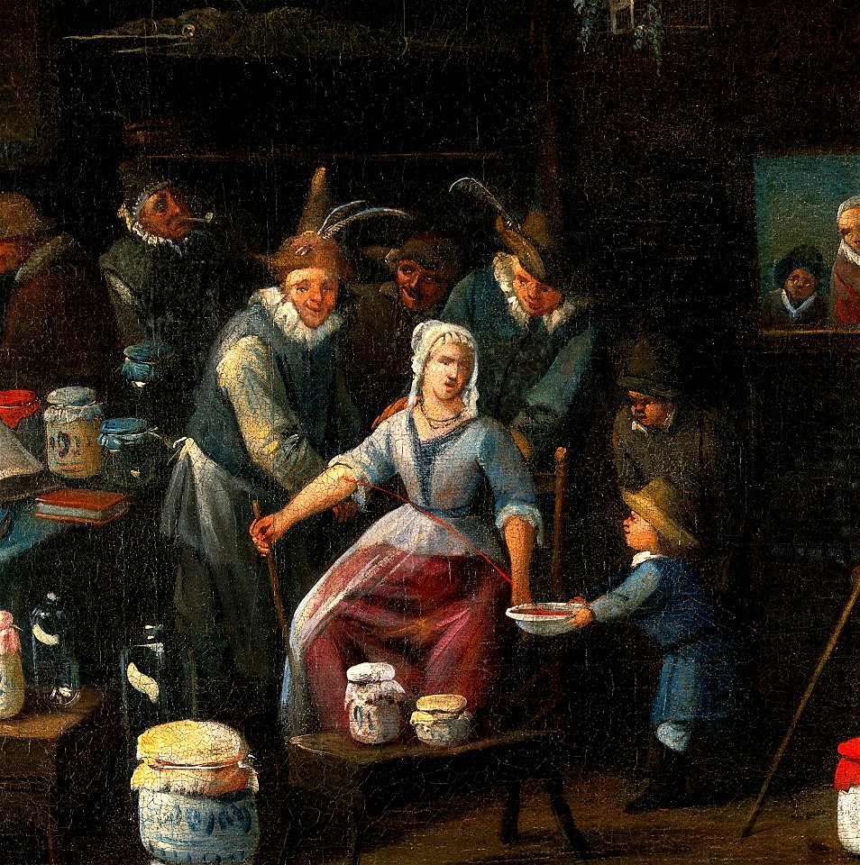 Operators letting blood from the arm of a woman in a room cr Wellcome V0017310