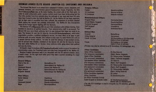 ONI JAN 1 Uniforms and Insignia Page 041 German Armed Elite Guard Waffen-SS WW2 1943 Ranks etc. Recognition manual for field use. US unclassified public document. Published 1944. No known copyright