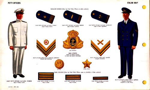 ONI JAN 1 Uniforms and Insignia Page 051 Italian Navy WW2 Petty officers. White and blue uniform, shoulder boards, cap insignia, rank insignia, etc. April 1943 Field recognition. US public doc. No known copyright. Free illustration for personal and commercial use.