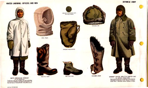 ONI JAN 1 Uniforms and Insignia Page 077 Japanese Army WW2 Winter uniforms. Officers, men. White camouflage overcoat trigger-finger mitten toque felt boot fur-lined shoe leggin cap new style winter coat Oct 1943 Field recognition No cop. Free illustration for personal and commercial use.