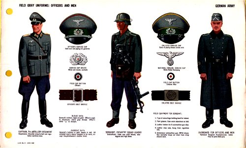 ONI JAN 1 Uniforms and Insignia Page 005 German Army WW2 Field gray uniforms officers and men. Breeches, service caps, belt buckles, emblems, device, cockade, overcoat, blouse, leggins. June 1943 Field recognition. US public doc. No cop. Free illustration for personal and commercial use.