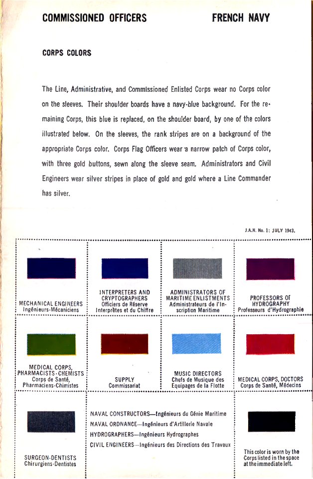 ONI JAN 1 Uniforms and Insignia Page 095 French Navy WW2 Commissioned officers Corps colors July 1943 Field recognition. US public doc. No known copyright