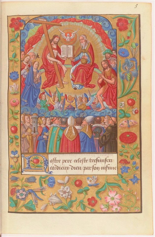 Oraison de Jésus Christ - BNF Fr19246 f3r (Assemblée céleste)