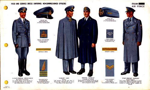ONI JAN 1 Uniforms and Insignia Page 057 Italian Air Force WW2 Field and service dress uniforms NCOs. Service and field cap, cap insignia, cape, raincot, overcoat, etc. Oct 1943 US field recognition No copyright. Free illustration for personal and commercial use.