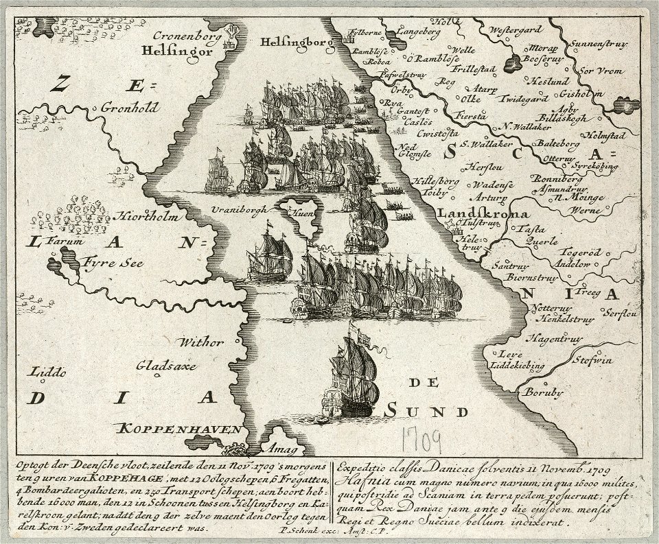 Optogt der Deensche vloot zeilende den 11 nov, 1709s morgens ten 9 uren van Koppehage