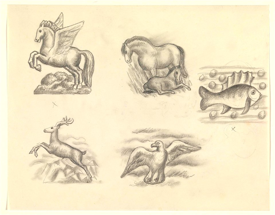 Ontwerpen voor een watermerk van een bankbiljet- vijf ontwerpen op een blad, Pegasus, paard met veulen, vis, hert en meeuw