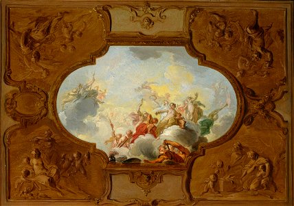 Ontwerp voor een plafondstuk met de apotheose van Aeneas, in de hoeken de vier jaargetijden in brunaille Rijksmuseum SK-A-4659