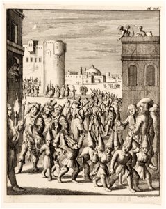 Optocht van het schoenmakersgilde te Aleppo, voorafgegaan door een troep jongens met papieren puntmutsen, objectnr A 19637