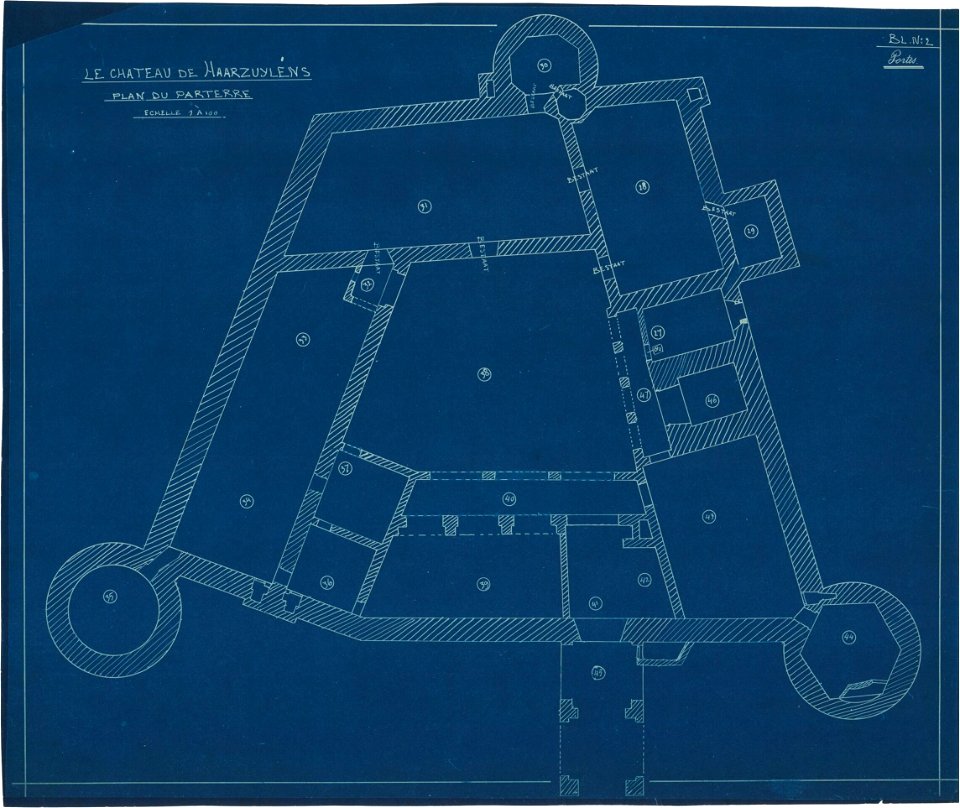 Ontwerp voor Kasteel de Haar, plattegrond van de begane grond met opgave van kamernummers en deuren Het Nieuwe Instituut HAARt5.1-2