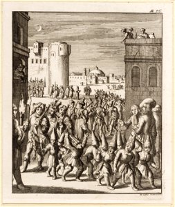 Optocht van het schoenmakersgilde te Aleppo, voorafgegaan door een troep jongens met papieren puntmutsen, objectnr A 19639