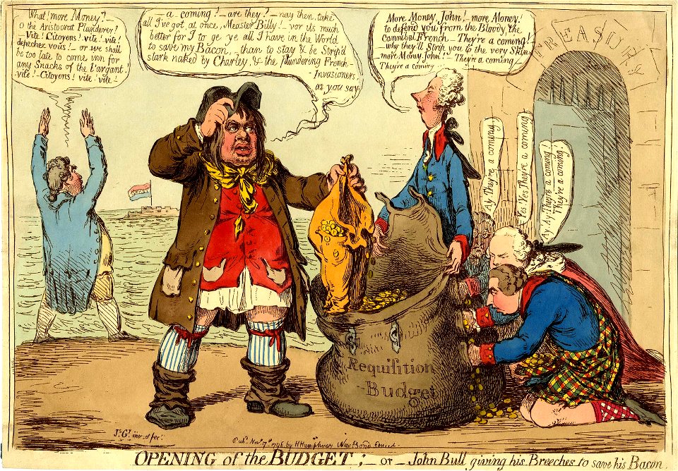 Opening of the Budget;-or- John Bull giving his Breeches to save his Bacon. (BM 1868,0808.6564 1)