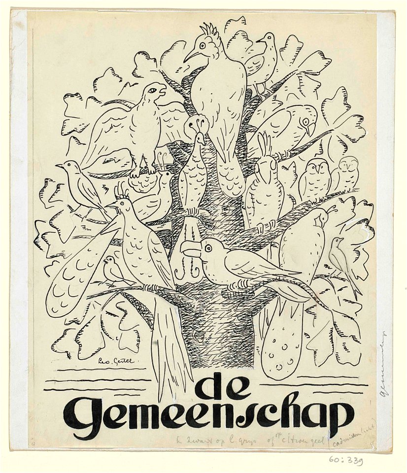 Ontwerp voor de omslag van 'De Gemeenschap', met een voorstelling van vogels in een boom
