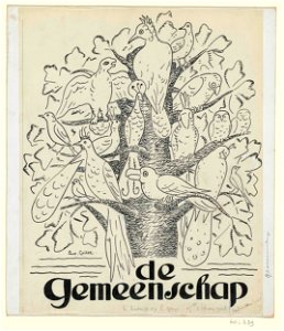 Ontwerp voor de omslag van 'De Gemeenschap', met een voorstelling van vogels in een boom