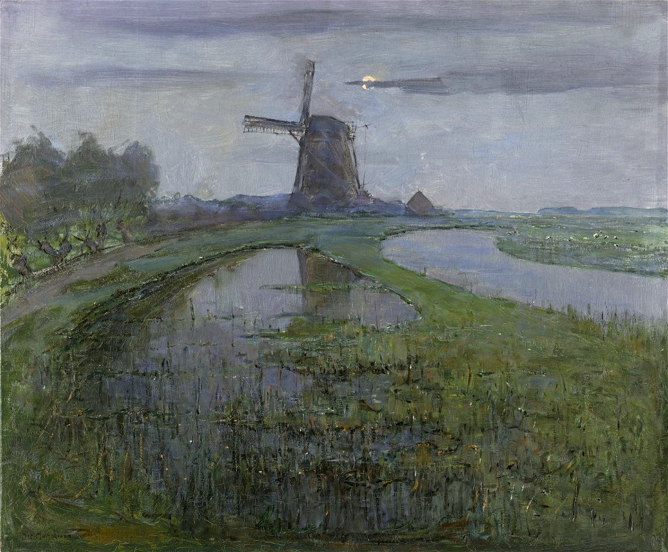 Oostzijdse molen aan het Gein bij maanlicht