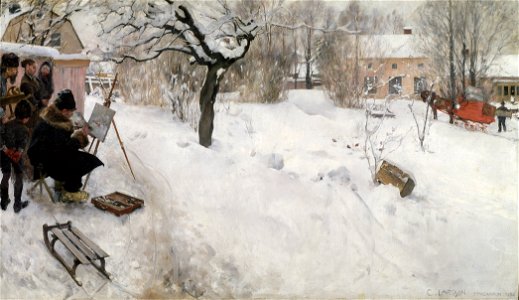 Open-Air Painter. Winter-Motif from Åsögatan 145, Stockholm (Carl Larsson) - Nationalmuseum - 19607. Free illustration for personal and commercial use.