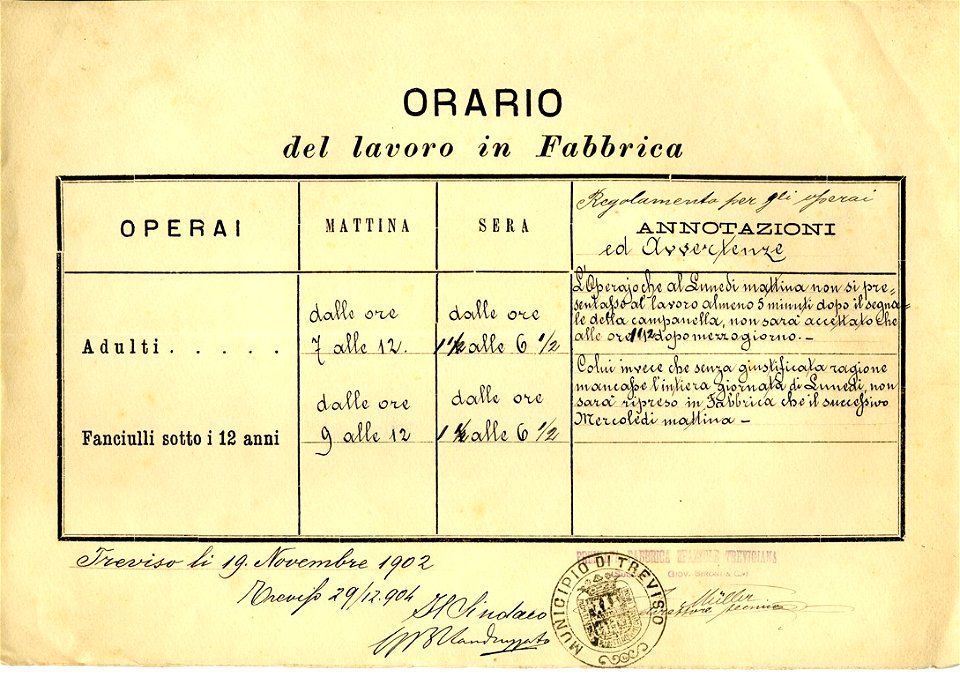 Orario vigente nella fabbrica di spazzole Giovanni Sironi, Treviso 1902 - san dl SAN TXT-00003184