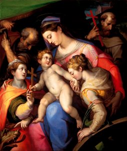 Orazio Samacchini - The Holy Family, with St Catherine of Alexandria, St Margaret of Antioch and St Francis of Assisi - Google Art Project