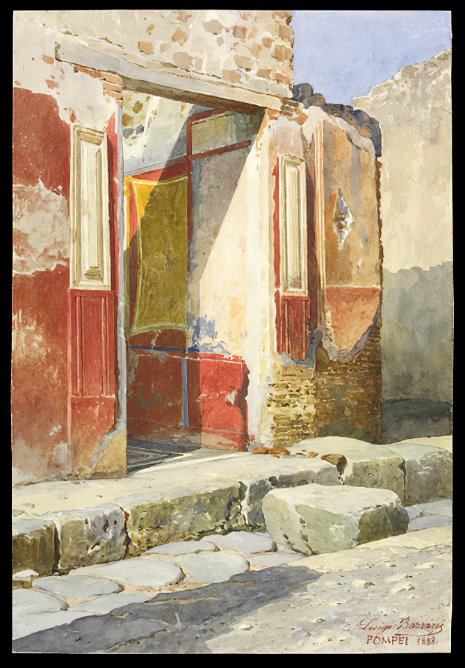 Painted doorway to a wealthy domus in Pompeii watercolor by Luigi Bazzani