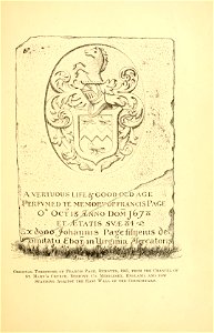 Original tombstone of Francis Page, removed, 1865 from the chancel of St. Mary's Church, Bedfont, Co. Middlesex, England