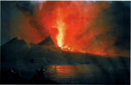 Painting of Mount Vesuvius erupting in 1812 as seen from the Ponte dell Maddalena (c 1820, detail). Free illustration for personal and commercial use.