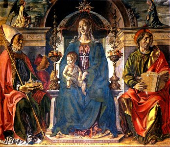 Pala dei Mercanti. Madonna col Bambino in trono fra i Santi Petronio e Giovanni Evangelista adorata dal committente Alberto Cattani. Pinacoteca, Bologna