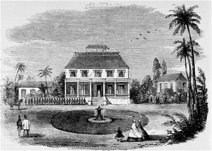 Palace of the Late King of the Sandwich Islands at Honolulu, The Illustrated London News, c. 1864. Free illustration for personal and commercial use.