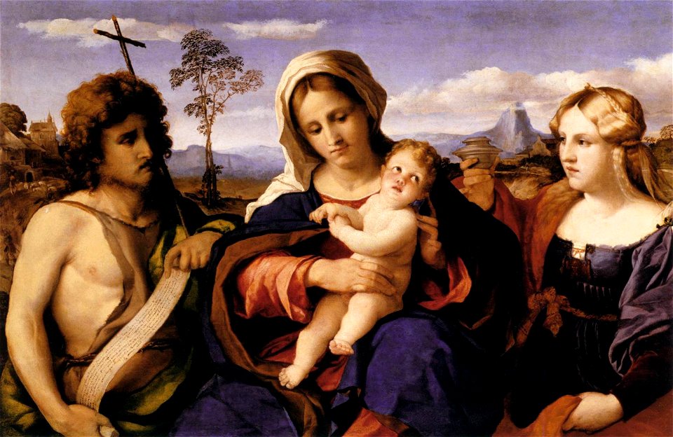 Palma il vecchio, madomnna tra i santi g. battista e maddalena