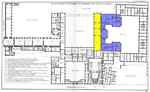 Palais-Royal - Plan du premier étage showing additions by Contant d'Ivry - Architecture françoise Tome3 Livre5 Ch9 Pl3