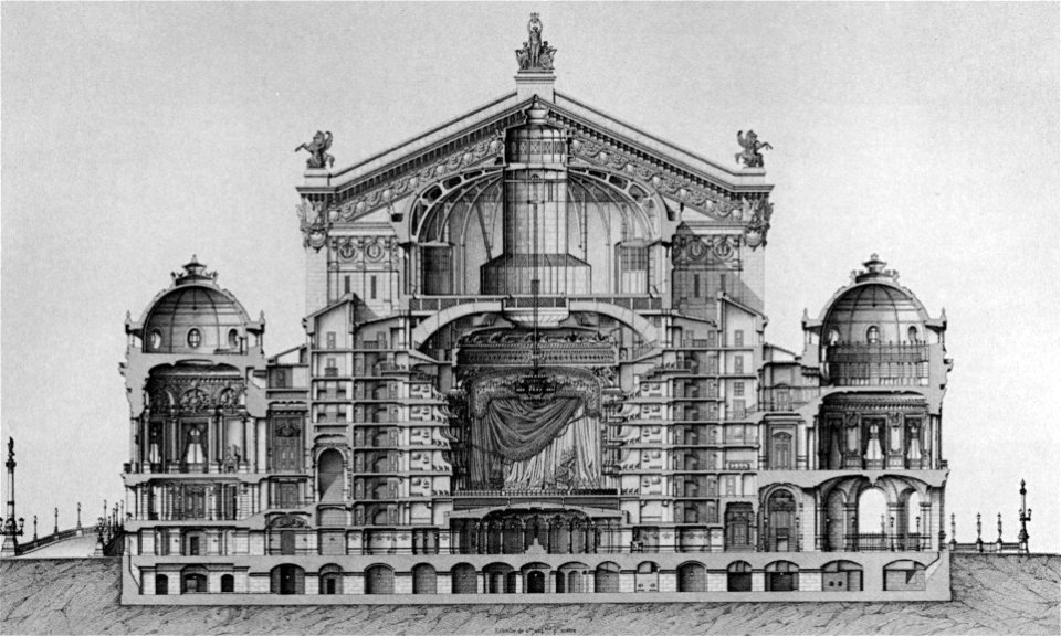 Palais Garnier transverse section at the auditorium and pavilions - Mead 1991 p102