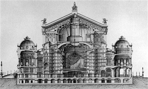 Palais Garnier transverse section at the auditorium and pavilions - Mead 1991 p102