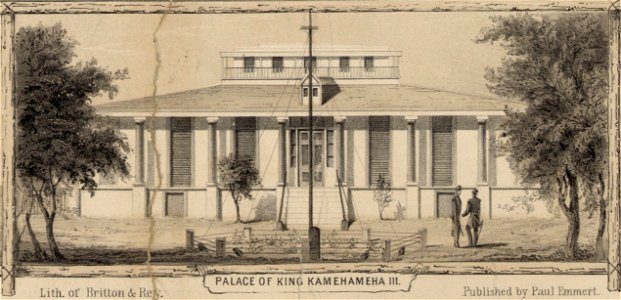 Palace of King Kamehameha III, from the harbor (c. 1853). Free illustration for personal and commercial use.