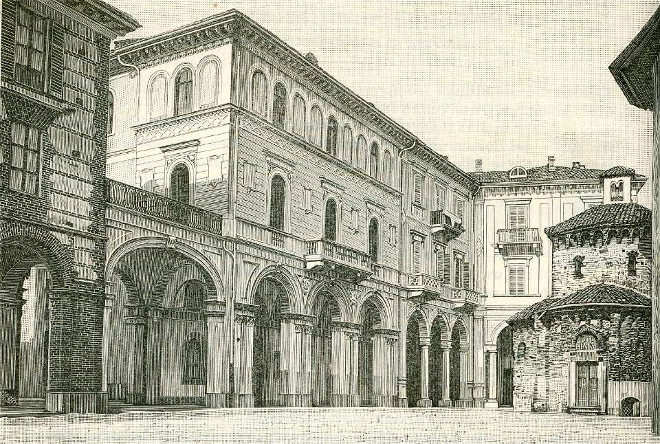Palazzo municipale col battistero in Biella xilografia di Barberis