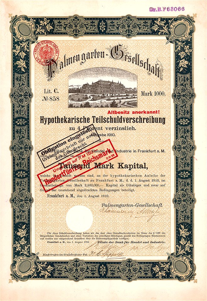 Palmengarten-Gesellschaft 1000 Mk 1910